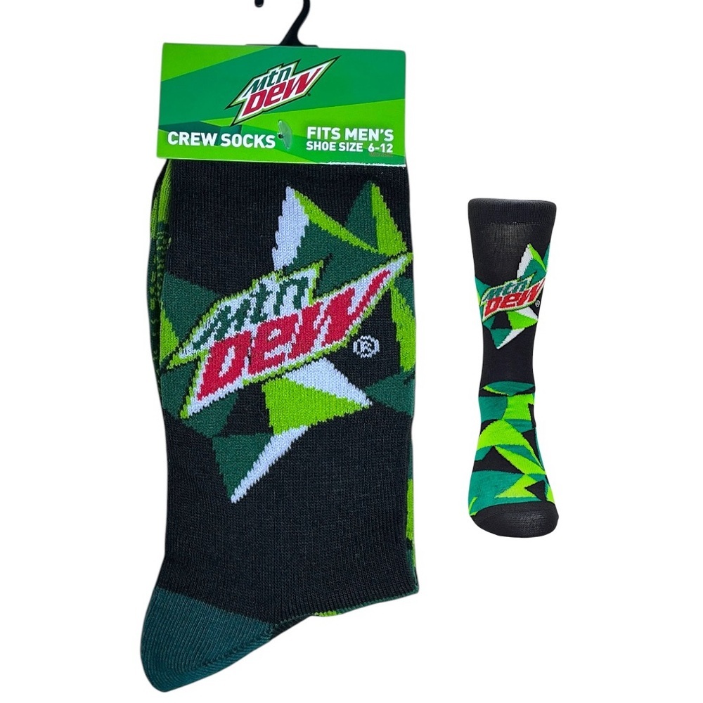 Socks Mountain Dew Novelty Crew Length Reinforced Black Green Unisex Men 6-12 - Picture 2 of 16